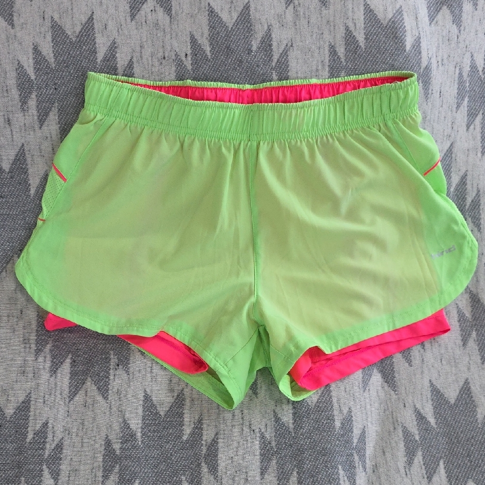 Hind Medium Women's Neon Green Athletic Shorts with Pink Liner